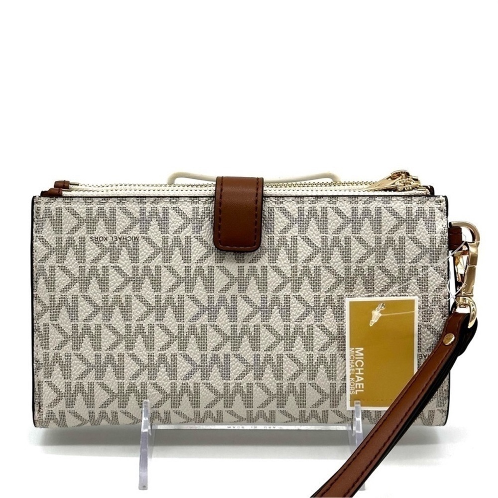 Michael Kors Double Zip Wallet Wristlet Vanilla/Brown  Leather - Picture 5 of 7
